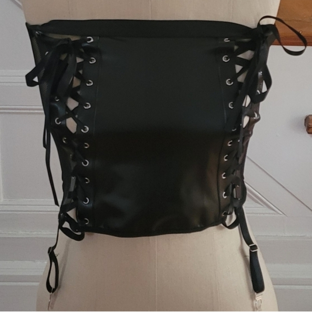 Black Strapless Corset Side Tie Bustier With Garter Lingerie Size Small